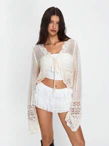 SHEIN Unity 女士纯色镂空前系带短开衫