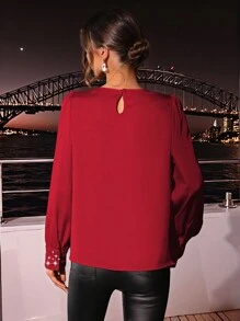 SHEIN Clasi Collar Ruffle Sparkle Patchwork Twill ShirtParty - Red - View 2