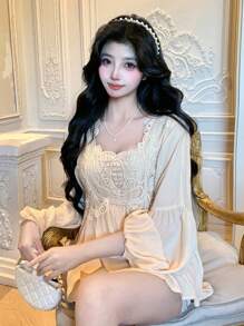 DAZY Square Neck Lace Patchwork Lantern Sleeve Women Blouse,Babydoll Top Long Sleeve - Apricot - View 4