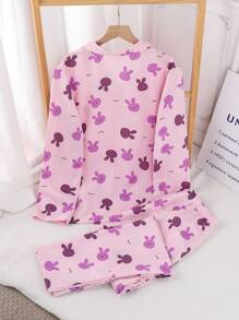 2pcs/Set Teen Girl Casual Rabbit Print Lapel Shirt With Long Pants Comfy Homewear Set, Pink - Purple - View 2