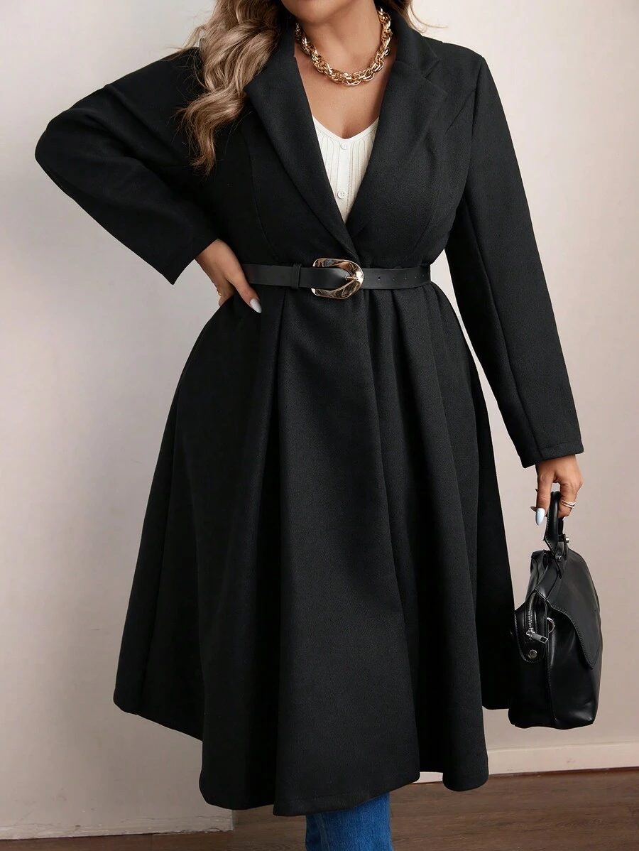 Flirla Manteau long élégant de couleur unie à manches longues pour l'automne et l'hiver, grande taille - Noir - Voir 1