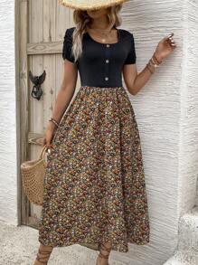 Breezaya Women's Floral Print Short Sleeve Holiday Style Patchwork Dress - Black - View 5