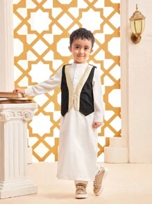 SHEIN 2pcs Boys Spring/Summer Fashion Long Sleeve Robe Top And Waistcoat Set, Custom Flower Lapel Waistcoat And Half-Open Collar Long Top, Suitable For Outings, Casual Wear, Elegant Parties And Ramadan - White - View 5