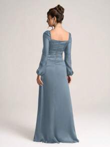 Coutiva 女士方领长袖优雅褶饰鸡尾酒会礼服，简约风格，婚礼宾客礼服，派对礼服 - 藍色 - 查看 2