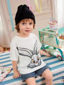 SHEIN Set de 2 piezas de camiseta de manga corta con cuello redondo y estampado de conejo, y pantalones cortos para niños pequeños, ideal para actividades al aire libre, uso diario y sesiones de fotos, para primavera/verano