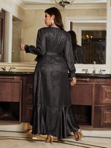 Viva Relle Plus Size Sexy Party Puff Sleeve Ruffle Criss Cross Tie Wrap Dress