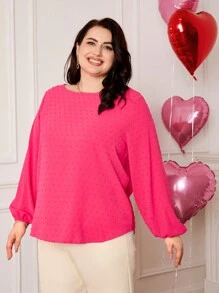 SHEIN Áo sơ mi tay dài thoải mái cổ tròn tay đèn lồng bằng vải jacquard mềm mại cỡ lớn cho nữ (Sản phẩm này được bán riêng, 2 món trang phục gia đình đồng bộ) - Màu Hồng Tươi - Xem 5