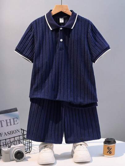 SHEIN Tween Boy Casual Ribbed Fabric Short Sleeve Polo Shirt & Shorts Set, Valentine's Day T-Shirt, Valentine's Day Kids Clothes
