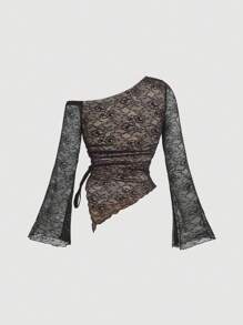 SHEIN MOD Camiseta Preta Assimétrica com Gola Laço, Manga Sino, Plus Size, Renda, Ombro Assimétrico Sexy - Preto - Visão 2