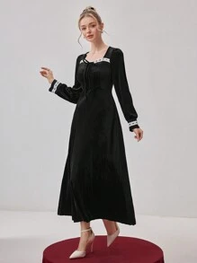 Modelyn Burgundy Red Women's Colorblock Front Tie Long Sleeve Elegant Mid-Length Dress - Burgundy - View 1