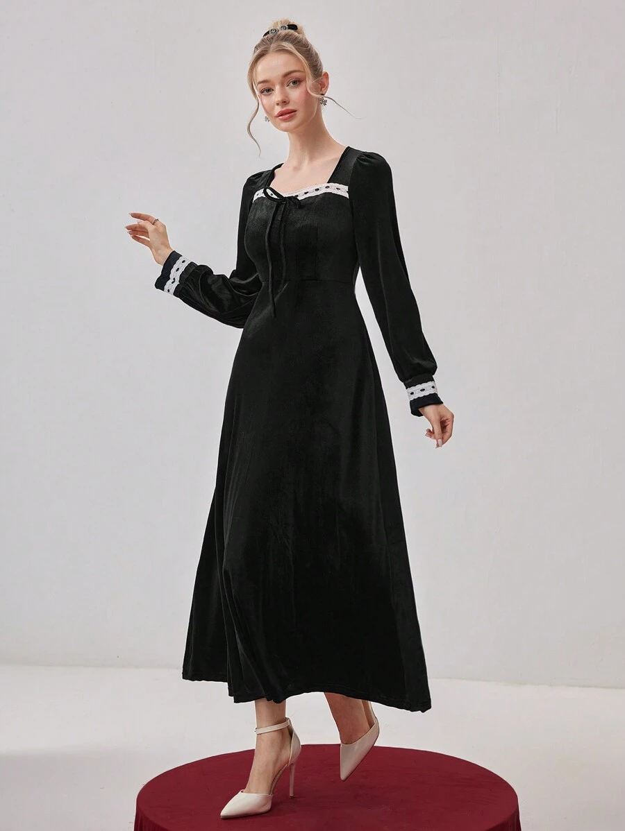 Modelyn Burgundy Red Women's Colorblock Front Tie Long Sleeve Elegant Mid-Length Dress - Burgundy - View 1