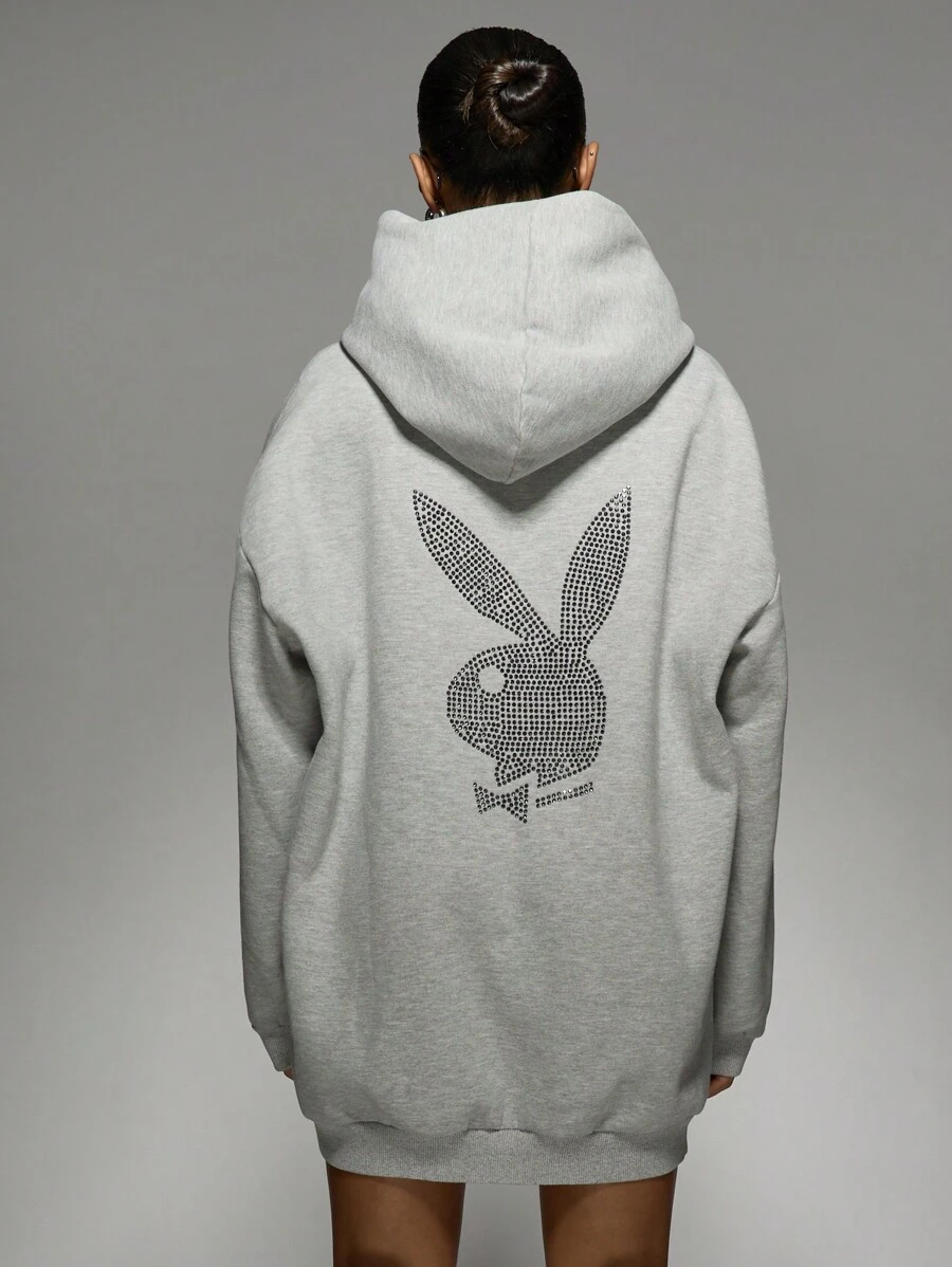 Missguided x Playboy Statement Rhinestone Bunny Logo Oversized Hoodie Dress Sweatshirt Winter Fall Festival Concert Casual Streetwear Long Sleeve Pullover - Grey - View 1