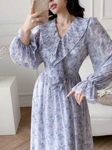 Modelyn Damen V-Ausschnitt Langarm Ganzdruckkleid im Lässig Stil - Blau - Übersicht 2