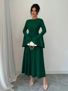 Rafferiza 女士优雅纯色喇叭袖连衣裙，秋季长款女装 - 墨綠色 - 查看 8