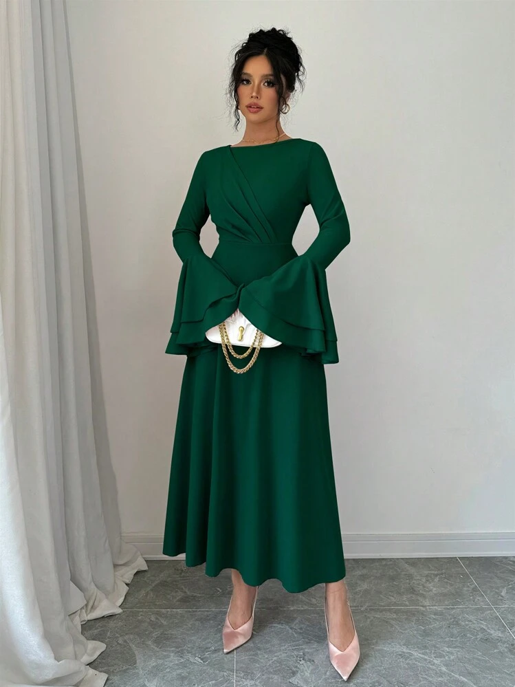 green fit and flare dress with sleeves Green Fit and Flare Long Velvet Dress – The Svaya main image 1