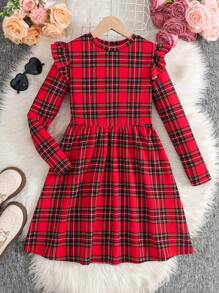 SHEIN Váy dài tay kẻ caro đỏ thường ngày cho bé gái tuổi mới lớn - Màu Đỏ Sâu - Xem 1