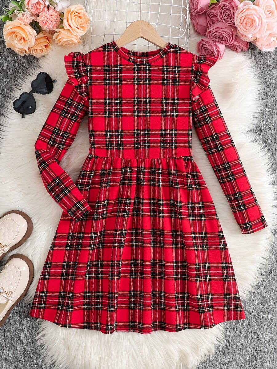 SHEIN Váy dài tay kẻ caro đỏ thường ngày cho bé gái tuổi mới lớn - Màu Đỏ Sâu - Xem 1