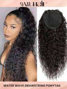 Extensiones de pelo humano virgen natural negro de onda de agua con cordón, cola de caballo de alta calidad para mujeres