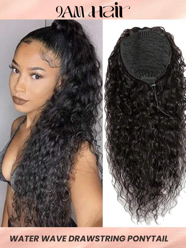 Extensiones de pelo humano virgen natural negro de onda de agua con cordón, cola de caballo de alta calidad para mujeres