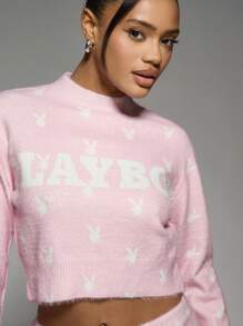 Missguided x Playboy 毛绒针织兔子标志套头衫长袖柔软休闲秋冬搭配温暖舒适毛衣套头衫 - 粉色 - 查看 6