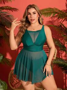 Summer Plus Size Women's Green Mesh Patchwork Beach Holiday One-Piece Swimwear Dress - Dark Green - View 4