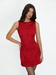 SHEIN Unity Women Plain Round Neck Sleeveless Simple Short Casual Dress - Burgundy - View 1