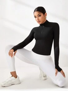 SHEIN Sport Studio Women Solid Color Front Zipper Long Sleeve Simple Fitted Sports Yoga Sweatshirt