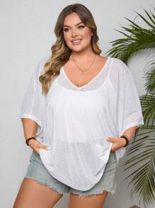 SHEIN CURVE+ Summer Beach Plus Solid Batwing Sleeve Cover Up Boho Vacation - White - View 6