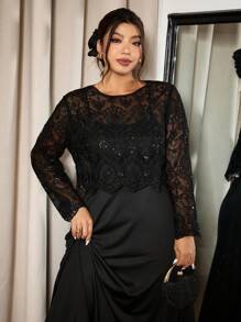 SHEIN Frenchy Plus Size Elegant Solid Color Lace Top With Camisole Two-Piece Dress Set,Valentine's Day ,Love/Lover ,Spring