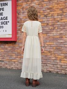 SHEIN Tween Girls Dresses, 2025 Spring/Summer New Collection, Soft Beige Color With Lace Trim On Sleeves & Neckline, Side Pleated Design Long Dress, Elegant & Comfy, Suitable For Summer Vacation, Daily Wear, Outings And Social Events - Apricot - View 2