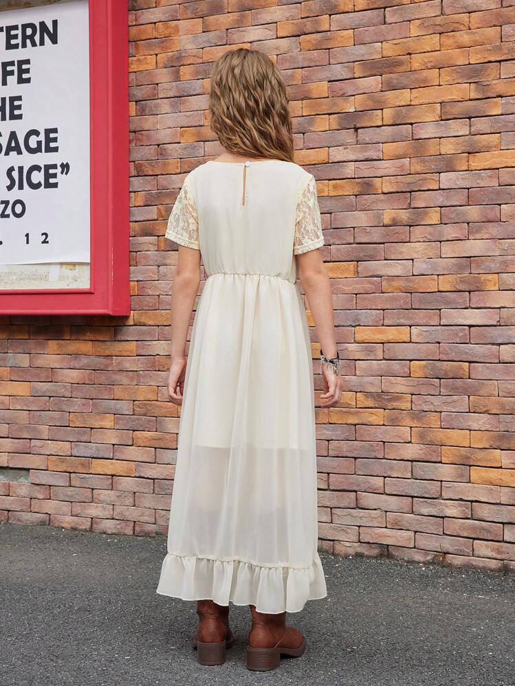 SHEIN Váy cho bé gái tuổi teen, Bộ sưu tập mới Xuân/Hè 2025, Màu be nhẹ nhàng với viền ren ở tay áo và cổ áo, Váy dài thiết kế xếp ly bên hông, Thanh lịch và thoải mái, Thích hợp cho kỳ nghỉ hè, Trang phục hàng ngày, Đi chơi và Sự kiện xã hội - Màu be - Xem 2