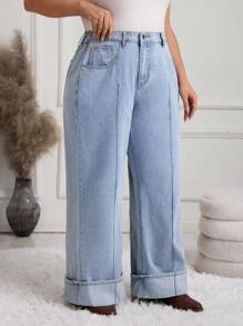 SHEIN LUNE Plus Size Casual Washed Wide Leg Jeans - Light Wash - View 3