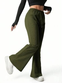 SHEIN Explorewe 少女纯色休闲运动喇叭裤 - 軍綠色 - 查看 4