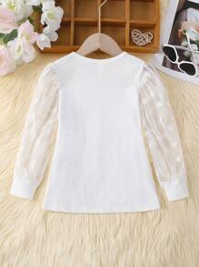 Young Girl Polka Dot Mesh Long Sleeve Stretch Casual Blouse, Versatile For Spring/Summer Outings - White - View 2