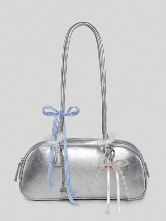 Kawaii Borsa a spalla/sotto il braccio retrò con motivo a scacchi, fiocco, decorazione con ciliegie e cuori, e tasche multiple per le donne