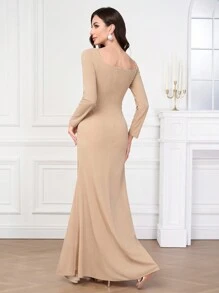 Coutiva 1 件女式不对称领口长袖褶皱长款派对礼服，时尚宴会派对除夕节社交名媛优雅礼服，婚礼宾客礼服，正式礼服，晚礼服 - 杏色 - 查看 9