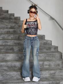 SHEIN Jeans acampanados de carga de unicolor estilo retro Y2K para adolescentes, estilo callejero de otoño para volver a la escuela para niñas - Azul lavado medio - Ver 6
