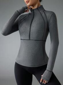 Easithlete Women Zip-Up Pullover Sweatshirt With Thumb Hole - Dark Grey - View 4