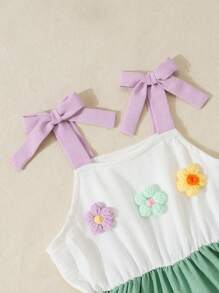 SHEIN Ramadan Girls Summer Floral Decor Top & Contrast Color Block A-Line Dress,Cute Cake Silhouette, Suitable For Outdoor Photos - Pink - View 4