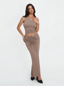 TRNVIE Conjunto de 2 piezas de Top sin mangas con hombro asimétrico con volantes de unicolor y Falda midi con cordón frontal central y cola de pez, conjunto elegante - Caqui - Ver 4