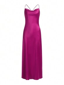 Aveloria Solid Tie Backless Cami Dress Holiday Party Birthday Formal Occassion Dress  - Hot Pink - View 2