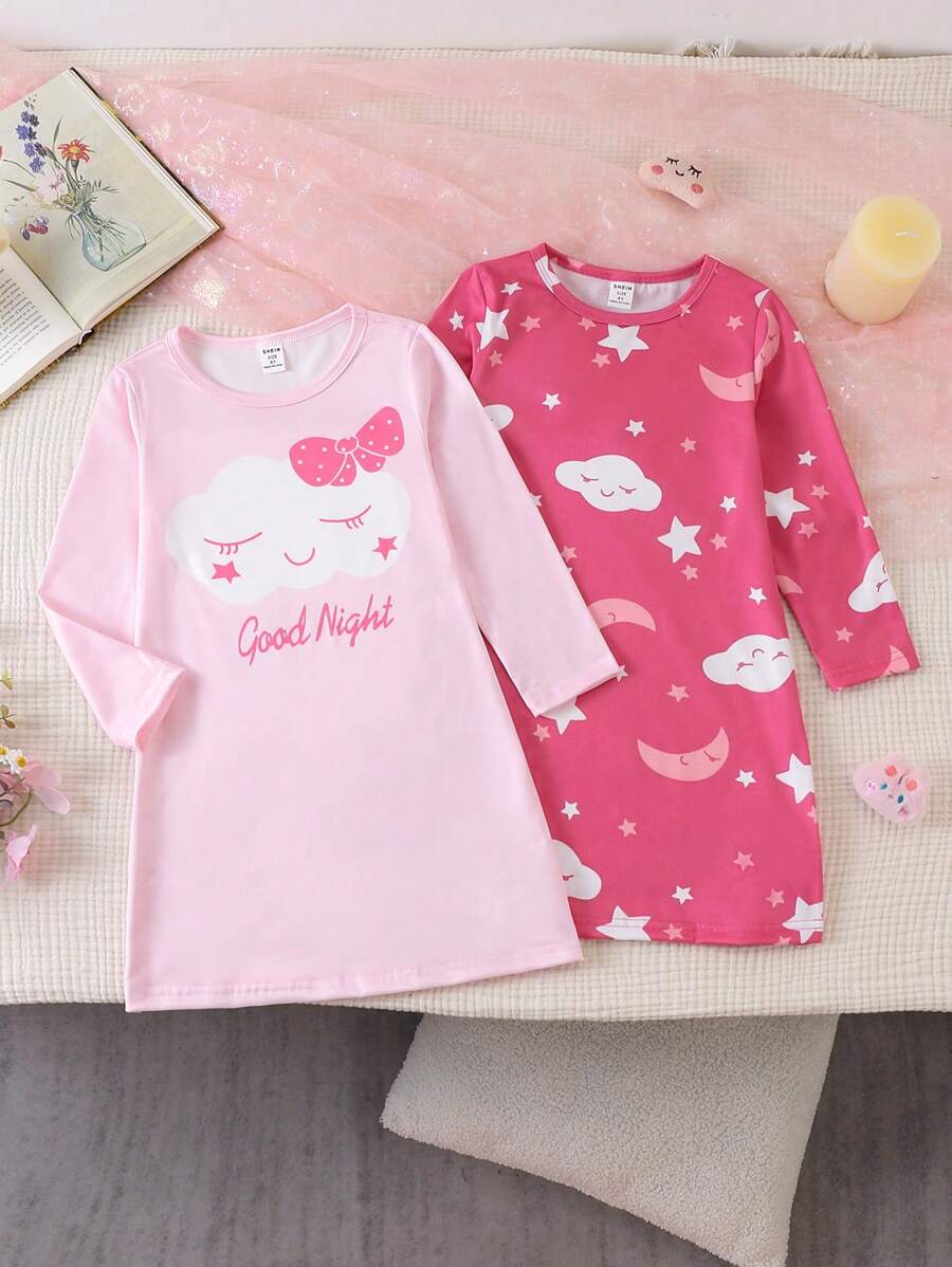 Young Girl Pink & Magenta Star, Moon, Cloud, Print Round Neck Long Sleeve Long 2pcs Nightgown Pajama Set - Multicolor - View 1