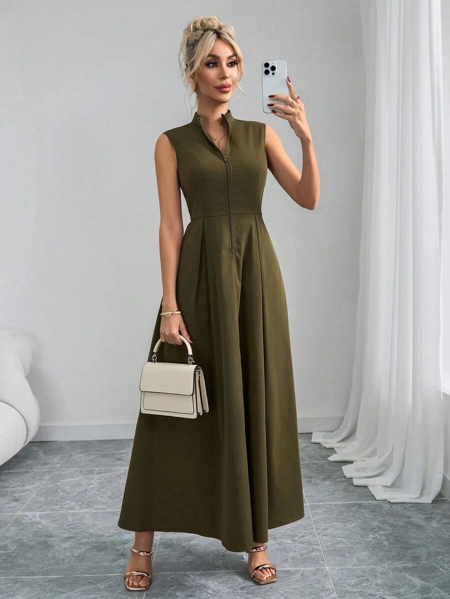 SHEIN Clasi Vestido largo elegante de mujer con cuello alto, sin mangas, con bolsillos, cintura entallada y bajo con línea A, color verde militar - Verde militar - Ver 1