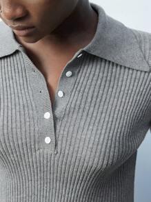 Maija Modern Versatile Women's Crew Neck Drop Shoulder Knitted Sweater With Shirt Collar, Grey, Suitable For Business Casual Wear Old Money In Fall/Winter