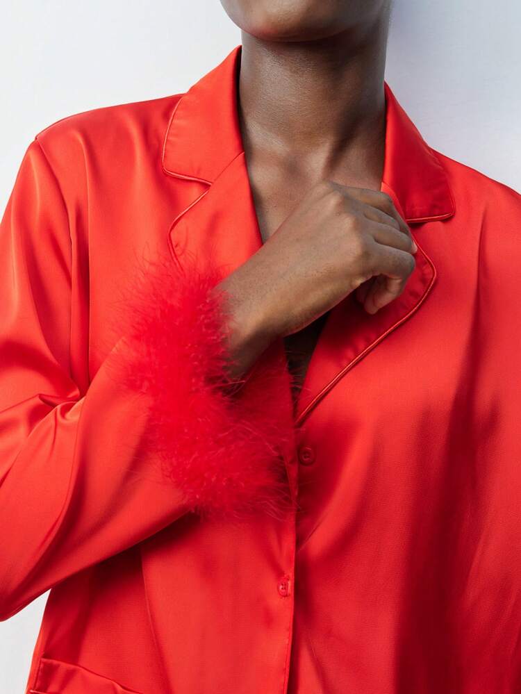 SHEIN Maija Women's Red Fur Cuff Patchwork Pullover Sweatshirt And Elastic Waist Loose Pants 2 Pieces Set, Fashionable Party/Holiday Outfit For Christmas Valentine's Day Festival