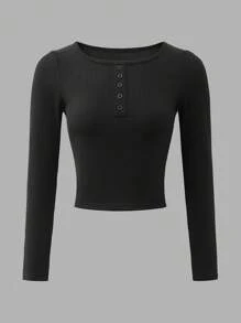 SHEIN Teen Girls 3 Pcs Set, Long Sleeve, Button Decor, Solid Texture Rib Casual Set, Spring & Autumn - Multicolor - View 4