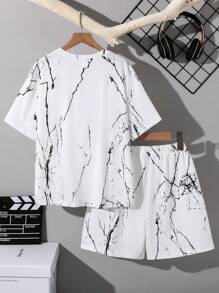 SHEIN Conjunto de camiseta de manga corta con estampado de letras y shorts informales para niño preadolescente - Blanco - Ver 2