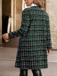 SHEIN Clasi Plus Size Women Winter Jacket, Faux Tweed Pattern Front Opening Long Sleeve Coat With Pearl Buttons And Pockets - Dark Green - View 2
