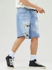 Manfinity Hypemode Men's Loose Casual Bermuda Distressed Denim Shorts With Pockets