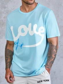 SHEIN Plus Size Men's T-Shirt,Light Blue And White,Summer,Streetwear,City Break,Round Neck Short Sleeve,Creative Digital Printing LOVE Airplane,Loose Fit - Baby Blue - View 1